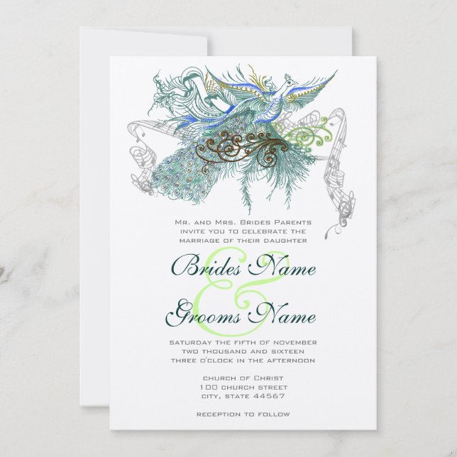 Pfau Vintage Liebesvögel Einladung (Vorderseite)