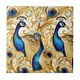 Pfau Vogel Gold Blau Weiß Kunst Wandbild Wandgesta Fliese