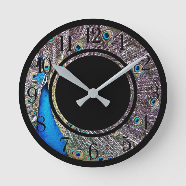 Pfau-Vogel-Tier versieht Kreis-Wanduhr mit Federn Runde Wanduhr (Vorderseite)