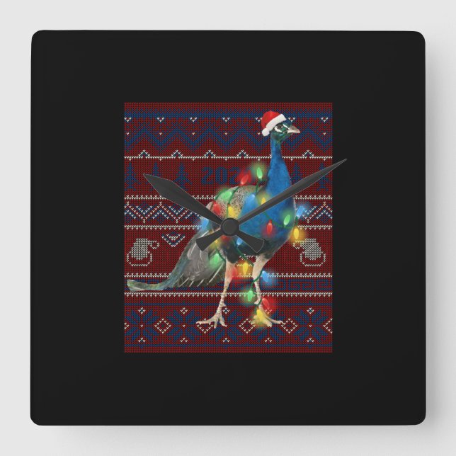 Pfau Weihnachtslicht Lights Ugly Sweater Goa Lover Quadratische Wanduhr (Vorderseite)