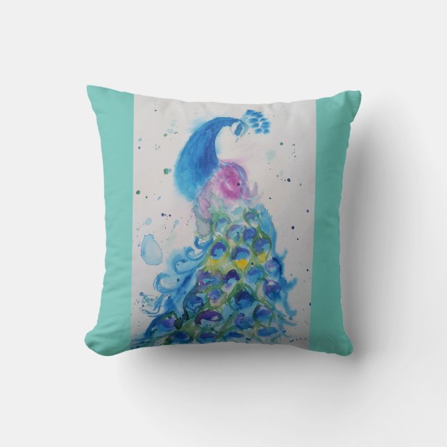 Pfaue Kunst Aquarellmalerei Aqua Minze Kissen (Vorderseite)