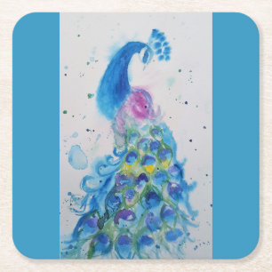 Pfaue Kunst Wasserfarben Malerei Aqua Aquamarin Rechteckiger Pappuntersetzer