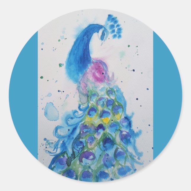 Pfaue Kunst Wasserfarbenes Malerei Pinacoteca Aqua Runder Aufkleber (Vorderseite)