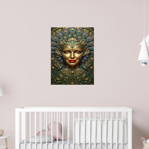 Pfauen-Eleganz – Dekoratives Fantasy-Porträt Poster