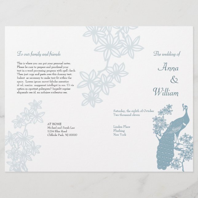 Pfauen-Hochzeitsprogramm-Flyer (Vorderseite)
