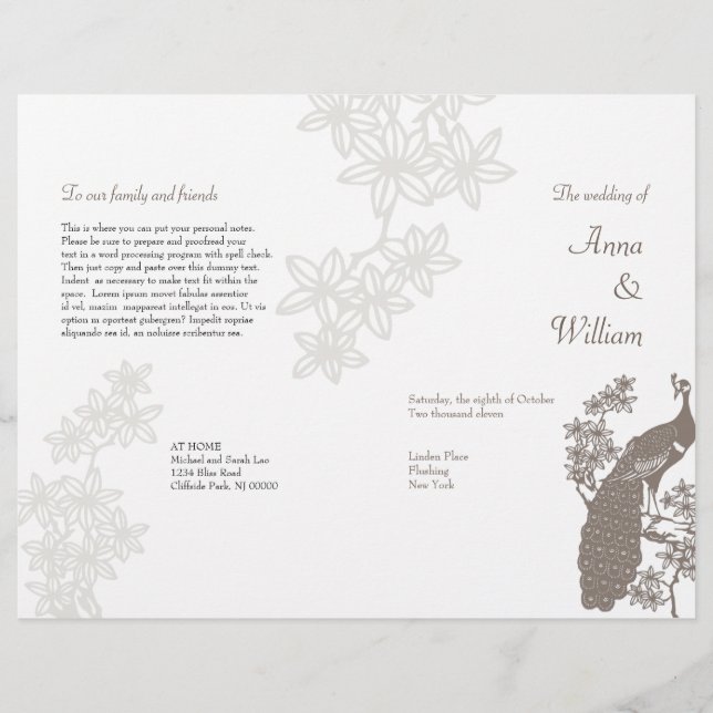 Pfauen-Hochzeitsprogramm-Flyer (Vorderseite)