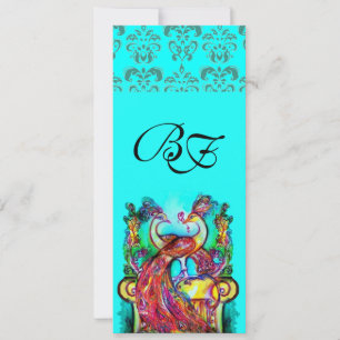 PFauen in Liebe AQUA BLAU BLAUGRÜN DAMAST MONOGRAM Einladung