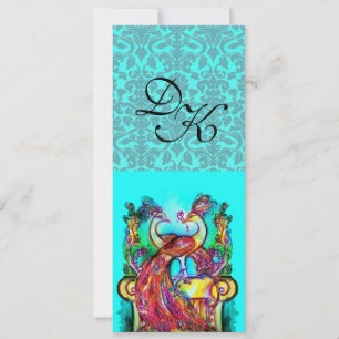 PFauen in Liebe AQUA BLAU TÜRKIS DAMAST MONOGRAMM Einladung