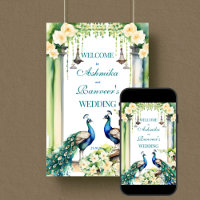 Pfauen-Jasmin-Indische-Hochzeits-Willkommensschild