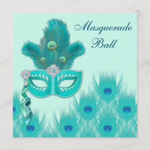 Pfauen-Maskenball-Party Blau Grün Aqua Einladung