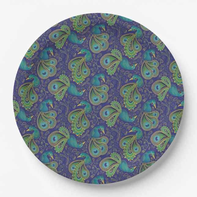 Pfauen-Paisley-Muster Blau Pappteller (Vorderseite)