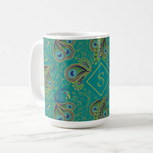 Pfauen-Paisley-Royal-Teal-Monogramm Kaffeetasse