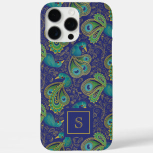 Pfauen-Paisley-Royalblau-Monogramm iPhone 16 Pro Max Hülle
