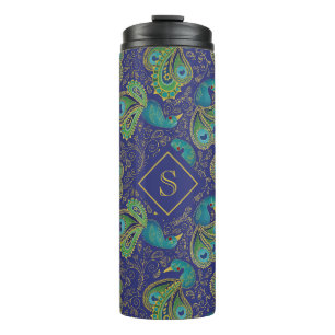 Pfauen-Paisley-Royalblau-Monogramm Thermosbecher