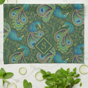 Pfauen-Paisley-Royalgrün-Monogramm Geschirrtuch