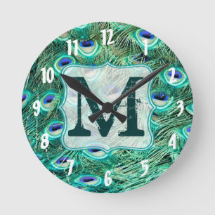 Pfauen-Vogel-Feder-Monogramm-Initial-Wanduhr Runde Wanduhr