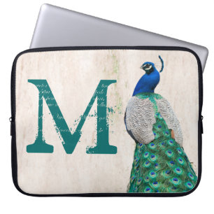 Pfauen-Vogel-Feder Teal-Monogramm 15" Laptop-Hülle Laptopschutzhülle