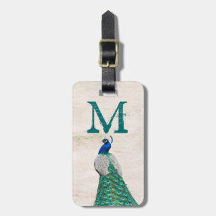 Pfauen-Vogel-Feder Türkis Monogramm Gepäckanhänger