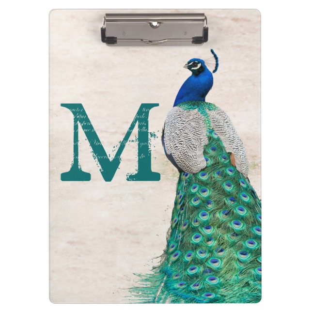 Pfauen-Vogelfeder-Monogramm-Initial-Clip-Board Klemmbrett (Vorderseite)