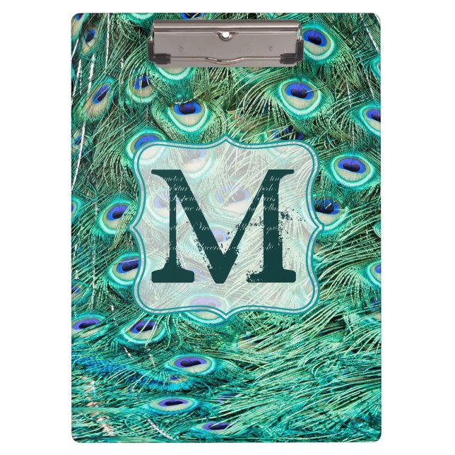 Pfauen-Vogelfeder-Monogramm-Initial-Clip-Board Klemmbrett (Vorderseite)
