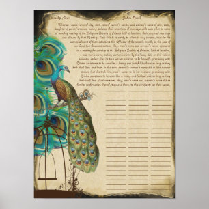 Pfauen-Vogelkäfig-Druck Quäker-Hochzeitsurkunde Poster