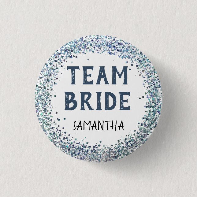 Pfauenblauer Glitter-Team-Braut-Name Button (Vorderseite)