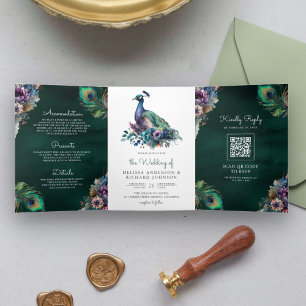 Pfauenblumenfeder QR-Code Smaragdhochzeit Dreifach Gefaltete Einladung