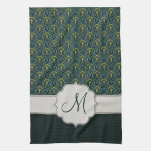 Pfauenfächer und Streifen mit Monogramm Küchentuch