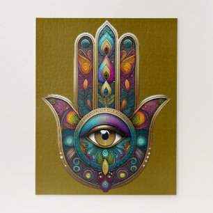 Pfauenfarben Hamsa mit goldenem dritten Auge
