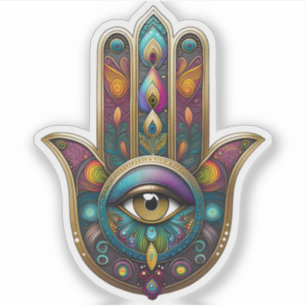 Pfauenfarben Hamsa mit goldenem dritten Auge Aufkleber