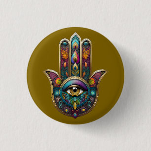Pfauenfarben Hamsa mit goldenem dritten Auge Button