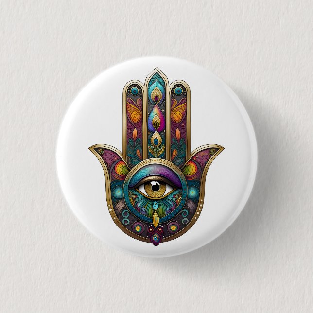 Pfauenfarben Hamsa mit goldenem dritten Auge Button (Vorderseite)
