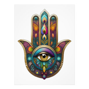 Pfauenfarben Hamsa mit goldenem dritten Auge Fotodruck