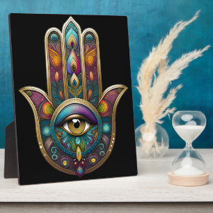 Pfauenfarben Hamsa mit goldenem dritten Auge Fotoplatte