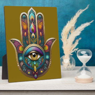 Pfauenfarben Hamsa mit goldenem dritten Auge Fotoplatte