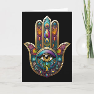 Pfauenfarben Hamsa mit goldenem dritten Auge Karte