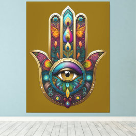 Pfauenfarben Hamsa mit goldenem dritten Auge Leinwanddruck