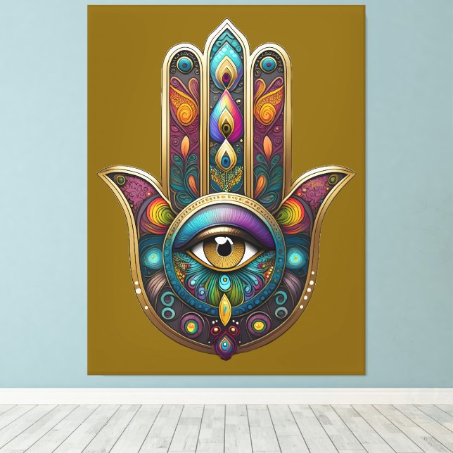 Pfauenfarben Hamsa mit goldenem dritten Auge Leinwanddruck (Insitu (Holzboden))