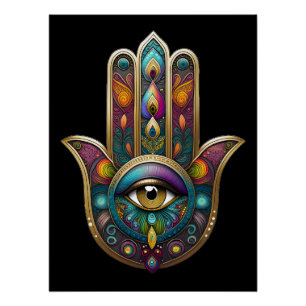 Pfauenfarben Hamsa mit goldenem dritten Auge Poster