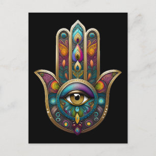 Pfauenfarben Hamsa mit goldenem dritten Auge Postkarte
