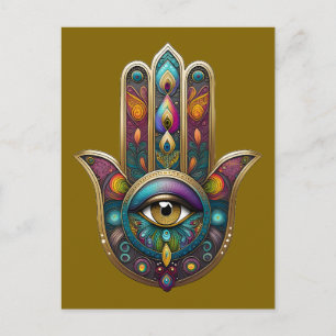 Pfauenfarben Hamsa mit goldenem dritten Auge Postkarte