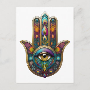 Pfauenfarben Hamsa mit goldenem dritten Auge Postkarte
