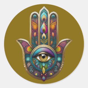 Pfauenfarben Hamsa mit goldenem dritten Auge Runder Aufkleber