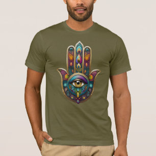 Pfauenfarben Hamsa mit goldenem dritten Auge T-Shirt