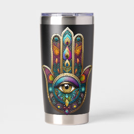 Pfauenfarben Hamsa mit goldenem dritten Auge Thermobecher