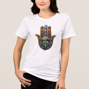 Pfauenfarben Hamsa mit goldenem Dritten Auge Tri-Blend Shirt