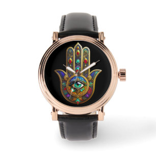 Pfauenfarbene Blütenblätter Hamsa Grün Drittes Aug Armbanduhr