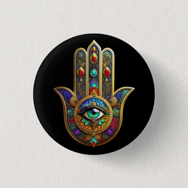 Pfauenfarbene Blütenblätter Hamsa Grün Drittes Aug Button (Vorderseite)
