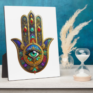 Pfauenfarbene Blütenblätter Hamsa Grün Drittes Aug Fotoplatte
