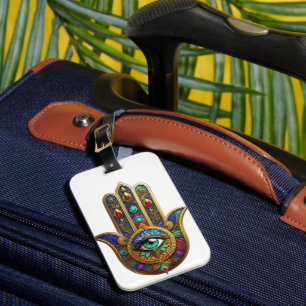 Pfauenfarbene Blütenblätter Hamsa Grün Drittes Aug Gepäckanhänger